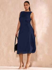 SHEIN BAE 大码女式黑色网眼优雅中长紧身 A 字针织连衣裙，适合毕业典礼、婚礼、法式风格、晚礼服、生日、伴娘、简约优雅的日常/婚礼/伴娘礼服、鸡尾酒会礼服 - 藏蓝色 - 查看 3