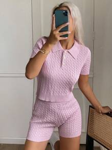 DAZY 2 件套针织领修身短袖上衣和短裤套装，休闲女装睡衣 - 粉色 - 查看 6