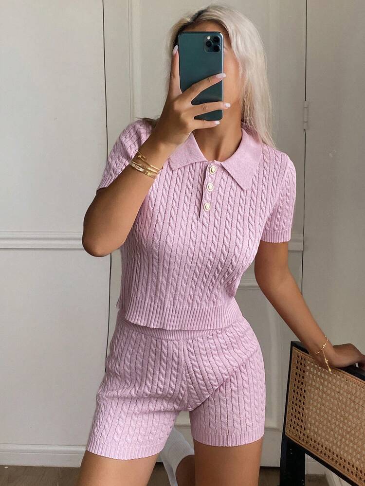 2pcs/Set Knitted Collared Fitted Short Sleeve Top And Shorts Set, Casual Women Outfit Pajama