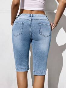 SHEIN ICON 女式口袋休闲百搭短款牛仔裤 - 藍色 - 查看 2