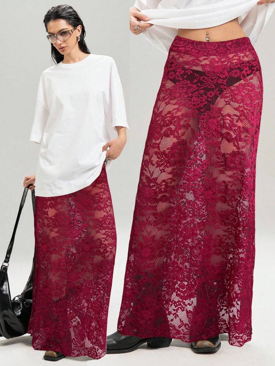 LYSMO 2025年新款女式花卉蕾丝长款时尚透明中长裙 - 酒紅色 - 查看 1