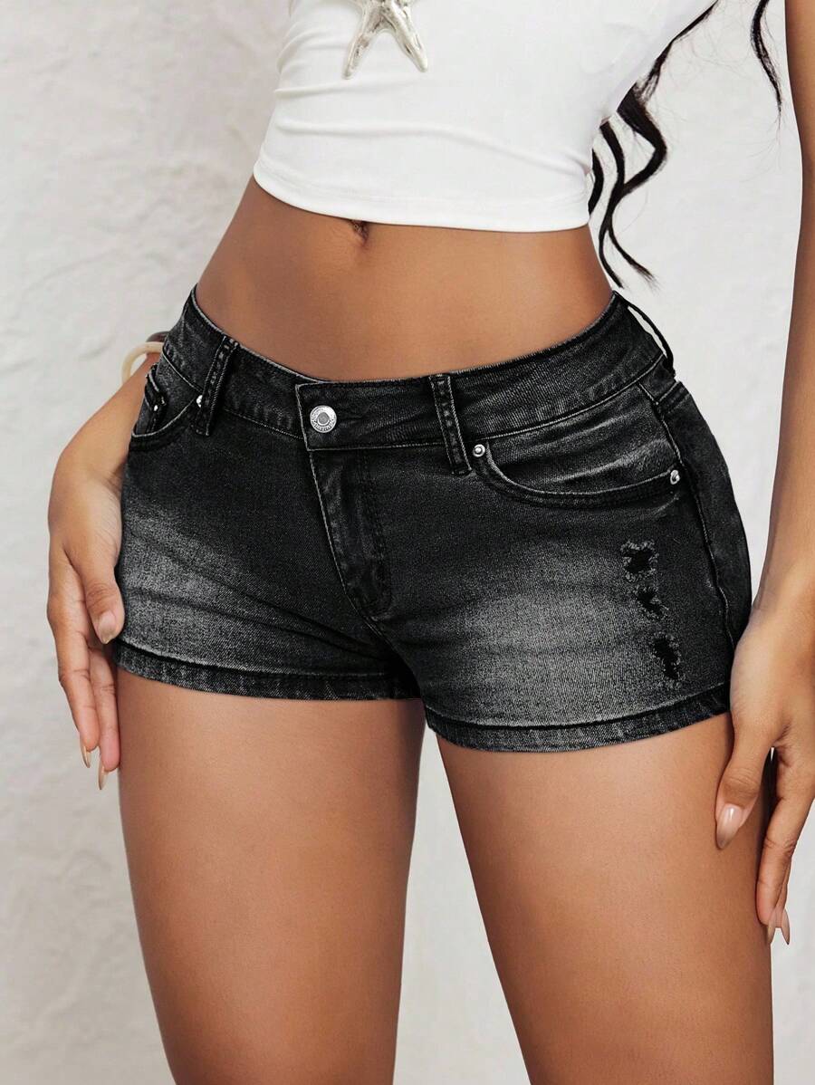 Jeanoix Quần short denim lưng thấp rách rưới giản dị - màu đen - Xem 1