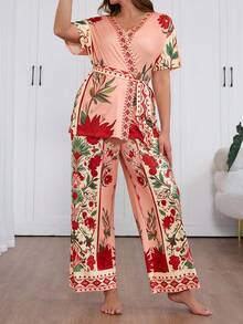 Serenescape Plus Size Women Tropical Plant Print Short Sleeve Top And Pants Pajama Set, Summer - Multicolor - View 3