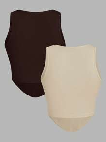 SHEIN EZwear 2pcs Women's Deep Brown And Light Apricot Cropped Tank Tops With Binding Design, Casual Fit For Summer Back To School