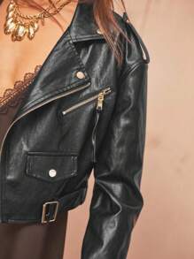 Aralina PU 仿皮机车夹克 短款机车夹克 前卫街头风 系带外套 - 黑色 - 查看 6