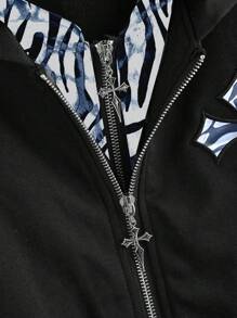 ROMWE Goth Áo hoodie 2 trong 1 họa tiết chữ thập và ngựa vằn - màu đen - Xem 2