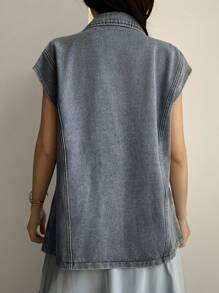 Livesso 女士牛仔翻领宽松休闲背心 - 藍色 - 查看 2