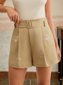 Anewsta Quần short thường ngày xếp ly thêu cạp cao ôm gọn vòng eo thon gọn cho nữ - Màu Khaki - Xem 6