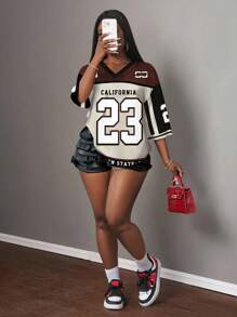 Slaydiva T-shirt ample femme grande taille à col V, style minimaliste décontracté avec lettres et numéro 23, en maille. Convient pour l'été, les sports, les matchs, le style Y2K. Adapté pour les sorties, les maillots de football pour femmes, les vacances pour femmes - Multicolore - Voir 7