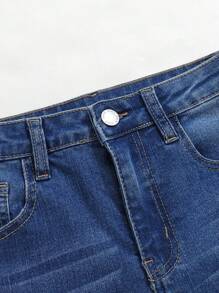 SHEIN Jeans ajustados cómodos y elásticos con diseño lavable azul vintage cool de estilo casual Y2K para niños preadolescentes, ropa diaria suave, ropa de verano y otoño para festivales rave y playa, ropa de calle y escuela en invierno - Azul - Ver 5