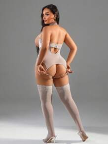 加大码镂空性感紧身衣 PU 朋克风诱惑内衣