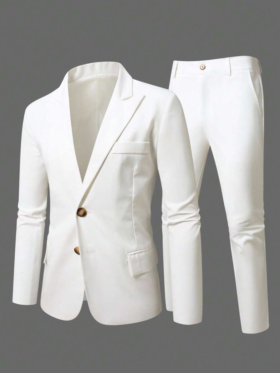 Calvornis Plus Size Men Two-Piece Set, Solid Color Lapel Neck Long Sleeve Blazer And Pants - Beige - View 1