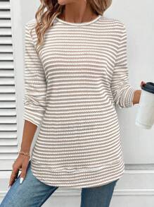 SHEIN LUNE Women's Casual Crew Neck Asymmetrical Hem Sweatshirt, Textured Striped Fabric Going Out Tops Women Work For Women Oversized T Shirt Women Business Casual Women Airport Striped Long Sleeve Shirt Women Women Long Sleeve Tops Ribbed Knit Top Long Sleeve Shirts For Women Knitted Tops For Women Long Sleeve T-Shirt In Fall/Winter - Multicolor - View 1