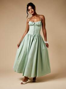 MISSGUIDED Elegant Corset Style Midaxi Dress Lace Up Front Spaghetti Strap Sage Green Summer Wedding Guest Party Prom Ball Gown With Full Circle Skirt Christmas