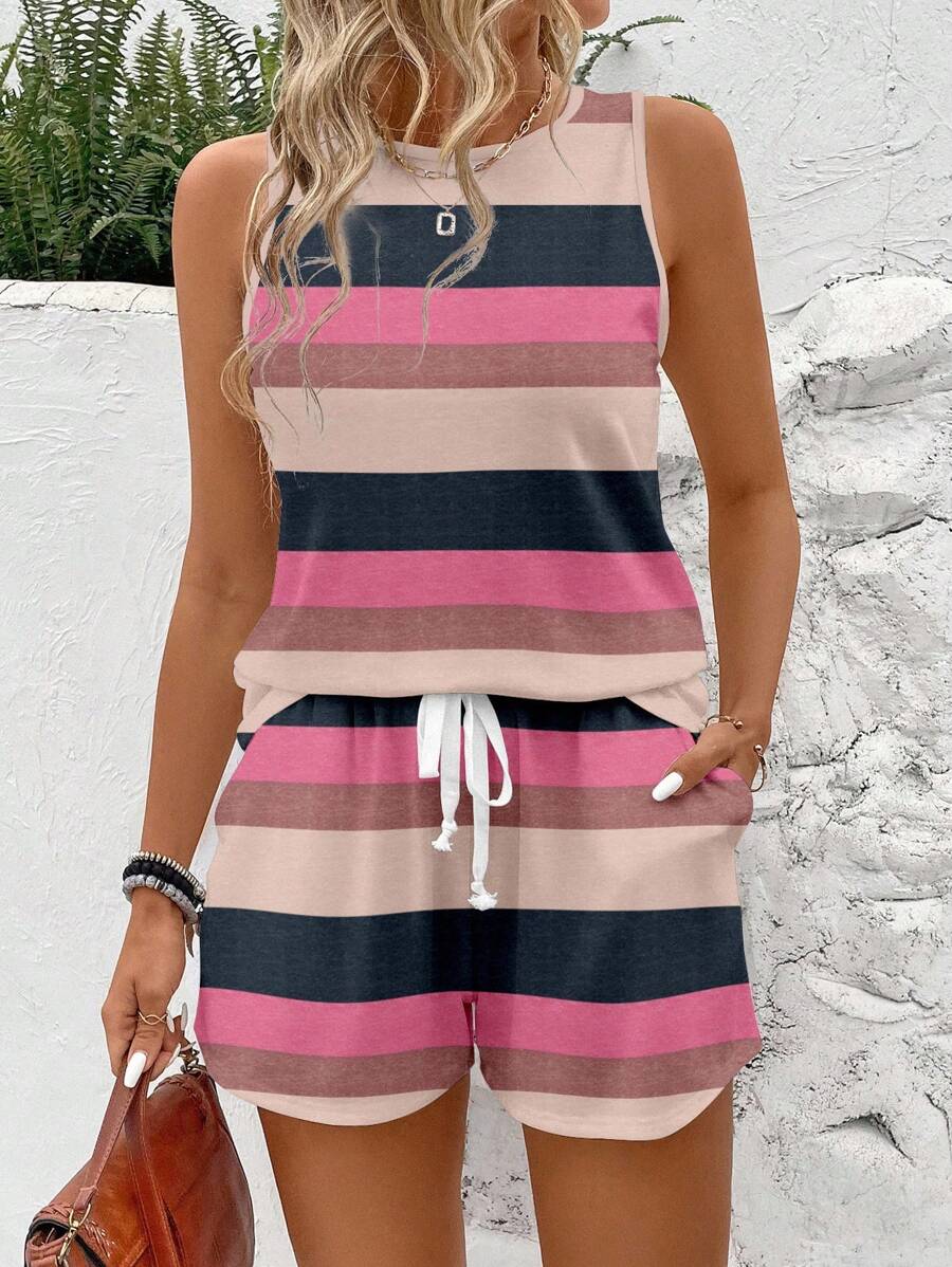 SHEIN LUNE 2 Pieces Women Summer Casual Striped Pattern Round Neck Crop Top & Short Set Suitable For Going Out - Multicolor - View 1