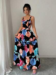 Elenzga Đầm suông hở eo họa tiết hoa dành cho nữ mặc đi nghỉ, đi làm và mặc hàng ngày - màu đen - Xem 6