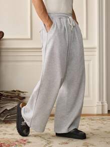 SWAVVY Pantalones casuales de hombre de unicolor con cordón en la cintura, otoño