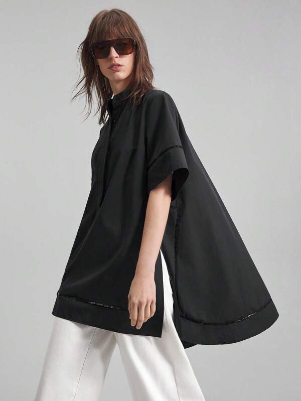 Ontre 2025 Women's Solid Color Button Half Placket Short Sleeve Pocket Casual Shirt, Suitable For Daily Casual, Commuting, Music Festival, Brunch, Summer Shirt, Elegant Ladies Shirt, Party Dress, Business Casual, Office Wear