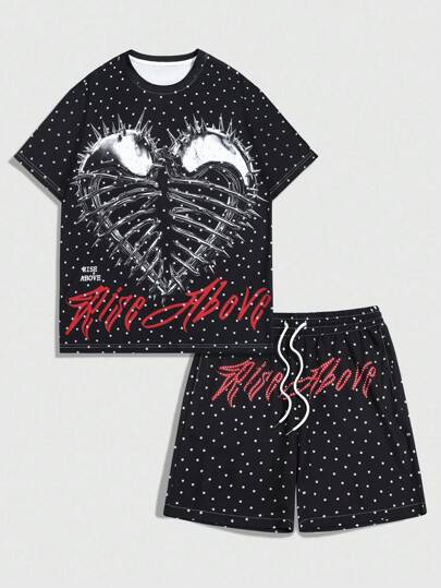 Street Life 2pcs/Set Men's Fashion Heart & Polka Dot Printed T-Shirt And Shorts Set