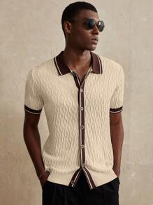 Manfinity Homme 休闲宽松简约撞色短袖男士针织上衣 - 杏色 - 查看 5