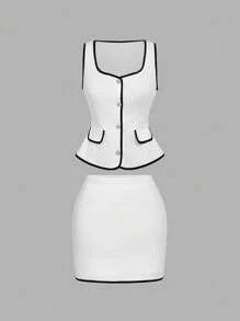 SHEIN MOD Square Neck Decorated Pocket Elegant White Outfit - White - View 1