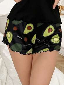 SHEIN 1 Stück Schlafshorts im Lässig Stil mit Avocado-Muster und Lattich-Saum