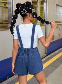 SHEIN Tween Girls Summer Beach Boho Light Washed Slant Pocket Denim Overall Jumpsuit Romper Without Tee,Girls Summer Casual Concert Rave Outfits Graduation Outfit,Everyday Wear, Girls Jean Short Sets, Kids Overalls Girls, Denim Romper For Toddler Girl, Kids Jeans Romper