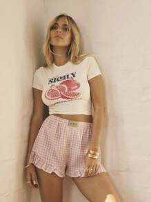 Aralina Pantalones cortos con cintura alta y volantes, estilo vintage Y2K, perfectos para el otoño, el verano, las vacaciones en la playa y el aeropuerto