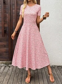 SHEIN LUNE 女式夏季假日碎花圆领短袖连衣裙 - 粉色 - 查看 4