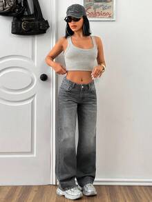 EURMUSE 休闲水洗低腰直筒牛仔裤 - 中等水洗藍 - 查看 4