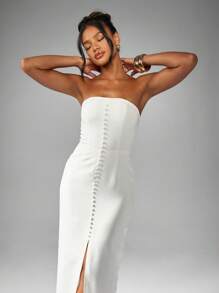 MISSGUIDED Elegant Strapless Button Front Maxi Dress Wedding Reception Evening Gown Front Slit Special Occasion High Fashion Fitted Long Column Dress - White - View 3