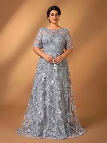 Serin Váy sang trọng cho mẹ, cổ tròn, bán trong suốt, thêu hoa thủ công, viền bèo nhún, thanh lịch, lãng mạn - Màu xám đen - Xem 6