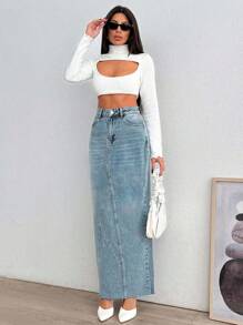 SHEIN Cottnline High Waist Back Slit Denim Skirt Stylish Casual - Medium Wash - View 4