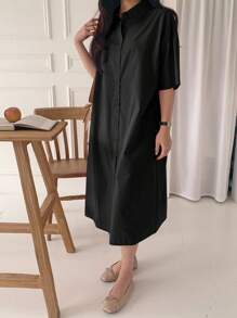 DAZY 女士宽松短袖中长款衬衫裙/连衣裙 - 黑色 - 查看 4