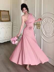 Modelyn Women's Solid Color Sleeveless Oblique Neck Pleated Slim Long Dress - Pink - View 6