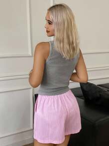 DAZY Conjunto de pijama informal de chaleco de punto acanalado de unicolor y pantalones cortos acanalados - Gris - Ver 2