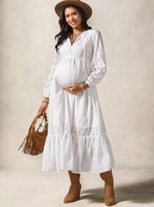 孕妇休闲纯色镂空刺绣长款度假连衣裙 - 白色 - 查看 6