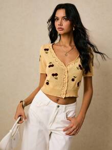 Poéselle 女式樱桃图案短袖单排扣休闲开衫 - 杏色 - 查看 4