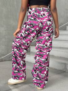 SHEIN 青少年女孩休闲街头 Y2K 迷彩印花宽松直筒宽裤