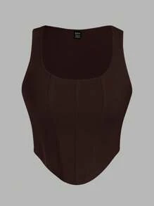 SHEIN EZwear 2pcs Women's Deep Brown And Light Apricot Cropped Tank Tops With Binding Design, Casual Fit For Summer Back To School