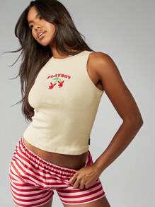 Missguided x Playboy Vintage inspiriertes Baumwollgemisch Tanktop mit Rückenteil, Kirsche Design, hoher Kragen, ärmelos, elastischer Rippstrick, Sommer Lässig Streetwear Y2K Tanktop
