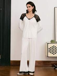 Moireta Set pijamale pentru femei, elegant, matur, din dantelă franceză, cu mânecă lungă, top și pantaloni, haine de toamnă - alb - Vizualizare 3