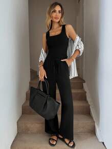 Easowa 3-Piece Black & White Plaid Set: Women Chic Sheer Blouse, Slim Fit Blazer, And Wide Leg Pants, 2024 New Collection - Multicolor - View 2