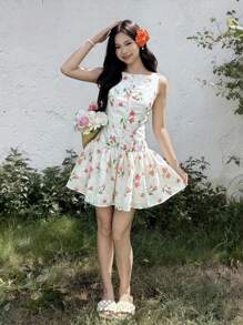 SHEIN Teen Girls' Casual Simple Comfortable Round Neck Sleeveless Floral Print Dress - Apricot - View 4