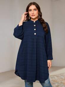 Veilorie Plus Size Women's Autumn Long Sleeve Button Half-Placket Long Loose Casual Shirt - Navy Blue - View 3