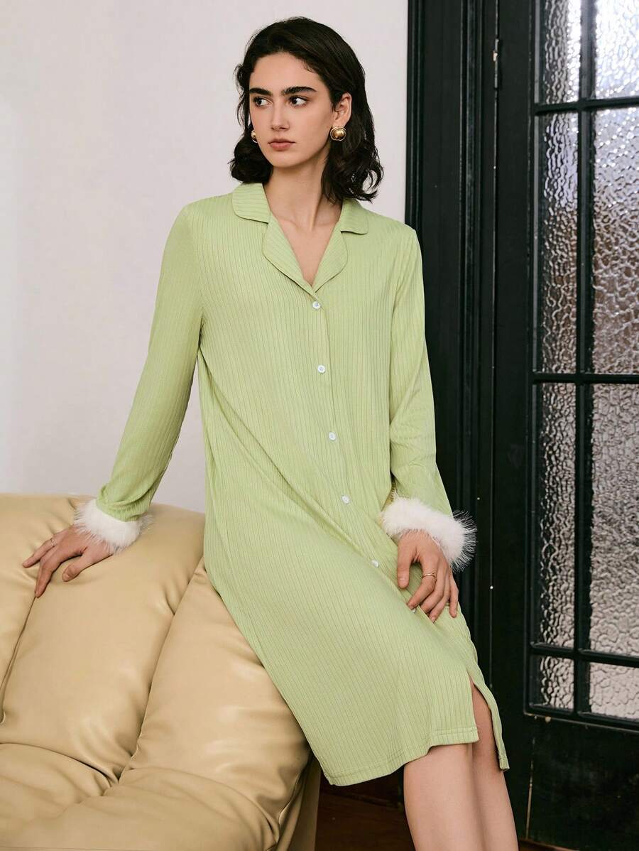 Moireta Elegante camisón de mujer con parche de encaje y puño esponjoso - Verde - Ver 1