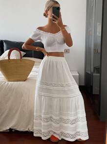 Livesso 秋季女士纯色宽松撞色蕾丝松紧腰休闲度假A字裙