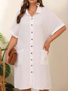 SHEIN 大码夏季休闲纯色蝙蝠袖长衬衫 - 白色 - 查看 1