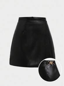 INAWLY Fashion Asymmetric Design Side Metal Chain Decor Solid Color Zipper PU Leather Women Skirt