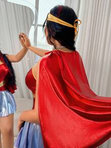 Fantasy Costume Set da 3 pezzi per taglie oversize: Abito uniforme da supereroe in ecopelle con scollo a V profondo + copricapo + mantello, abito da festa per club